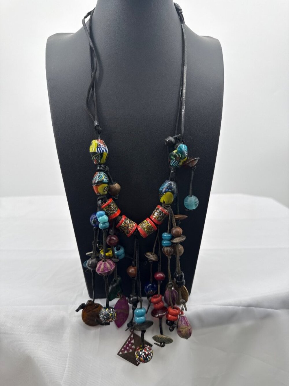 Vtg Mixed Media Lampwork Art Glass Tassel Statement Necklace Bohemian Whimsigoth